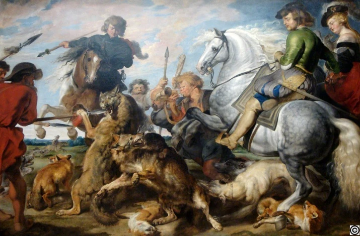 Reprodukcja Wolf and Fox Hunt, Peter Paul Rubens - Wzór graficzny. Scena polowania z postaciami, końmi i zwierzętami w ruchu