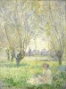 Reprodukcja Woman Seated under the Willows, Claude Monet - Wzór graficzny. Kobieta siedzi wśród drzew, w tle widać wiejskie