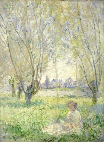 Reprodukcja Woman Seated under the Willows, Claude Monet - Wzór graficzny. Kobieta siedzi wśród drzew, w tle widać wiejskie