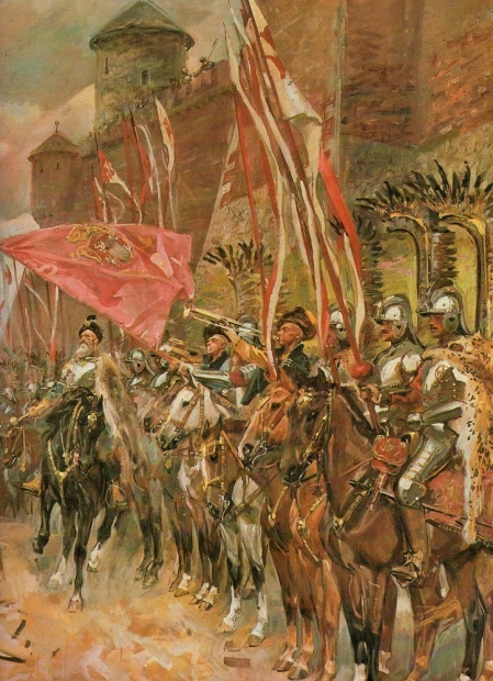 Reprodukcja Żółkiewski z husarią, Kossak Wojciech - Wzór graficzny. Scena przedstawia husarię na koniach z flagami w tle