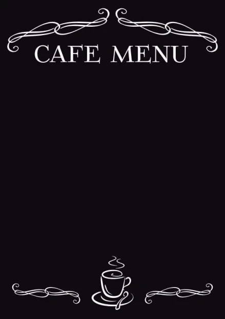 Tablica kredowa z nadrukiem cafe menu 015 - Wzór graficzny. Czarny tle z białymi zdobieniami i napisem cafe menu
