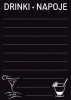 Tablica kredowa z nadrukiem drinki napoje 023 - Wzór graficzny. Czarny tle z białymi liniami i rysunkami drinków