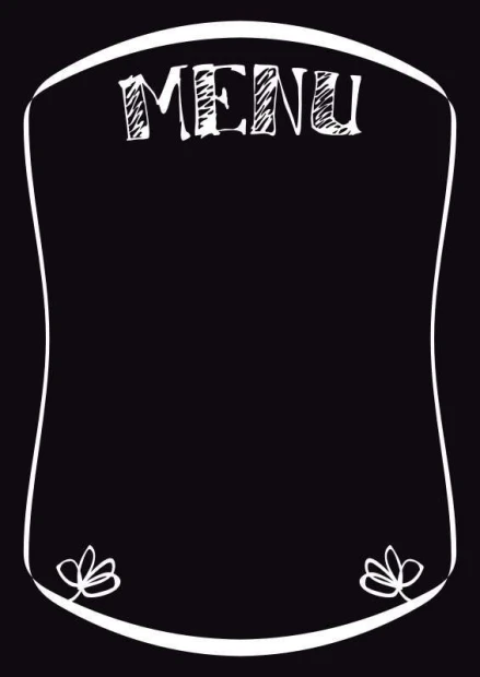Tablica kredowa z nadrukiem menu 004 - Wzór graficzny. Czarny prostokąt z białym napisem MENU na górze oraz ozdobnymi