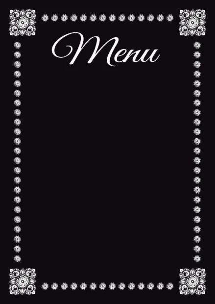 Tablica kredowa z nadrukiem menu 007 - Wzór graficzny. Czarny tle z białymi, ozdobnymi ramkami i napisem Menu na górze