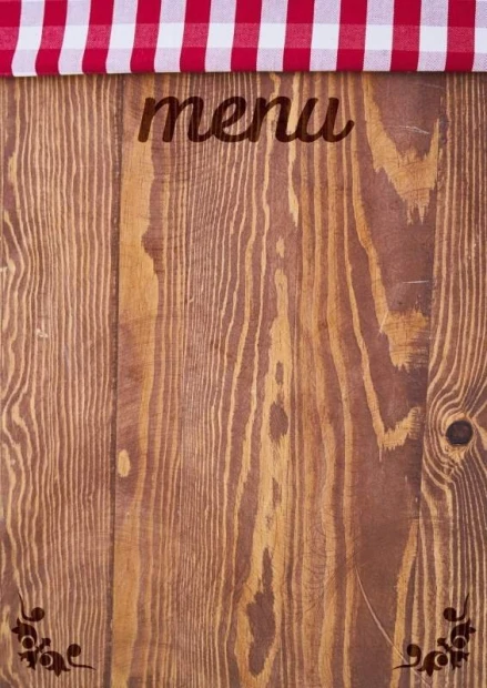 Tablica kredowa z nadrukiem menu 028 - Wzór graficzny. Grafika przedstawia drewniany wzór z napisem menu oraz czerwono-białą