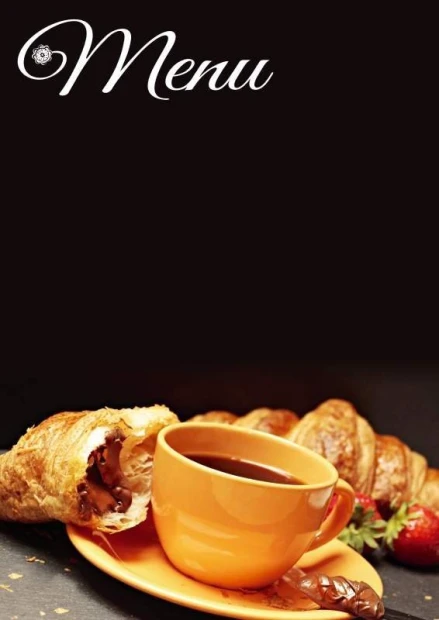Tablica kredowa z nadrukiem napisu Menu oraz grafiki z filiżanką kawy i croissantami na białym tle