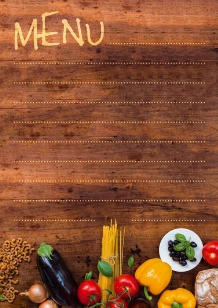 Tablica kredowa z nadrukiem imitującym drewno, napisem MENU, liniami pomocniczymi i grafiką warzyw na białym tle