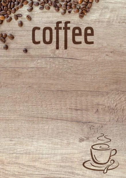 Tablica kredowa z nadrukiem imitującym drewno, ziarnami kawy, napisem coffee i filiżanką na białym tle