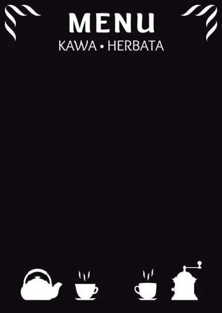 Tablica kredowa z nadrukiem menu kawa herbata 024 - Wzór graficzny. Ciemne tło z białymi elementami: czajnik, filiżanka