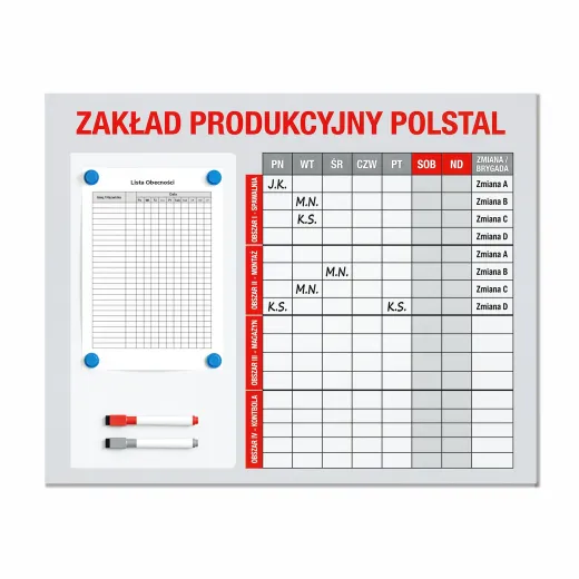 Tablica magnetyczna z przykładowym nadrukiem grafiku pracy zmianowej dla zakładu produkcyjnego na białym tle