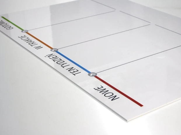 Tablica kanban suchościeralna lean board 097 - Wzór graficzny. Prosta tablica z poziomymi liniami i kolorowymi oznaczeniami