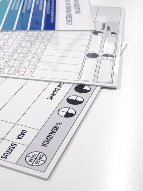 Detal suchościeralnej tablicy lean z nadrukiem tabeli do śledzenia realizacji zadań i grubością płyty