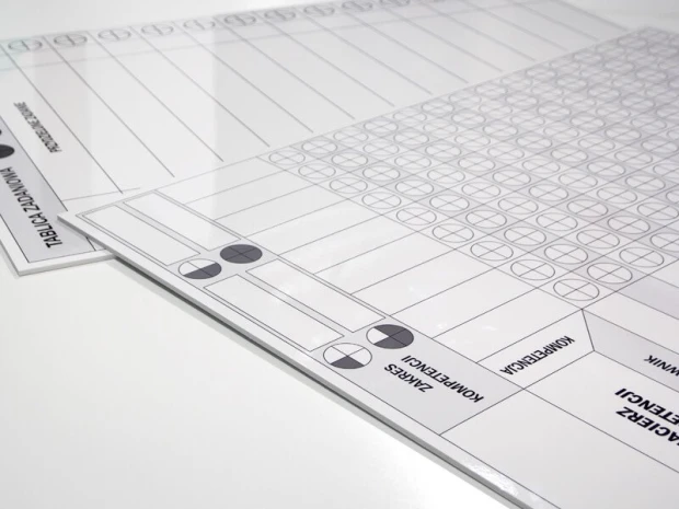 Tablica suchościeralna lean macierz kompetencji 078 - Wzór graficzny. Grafika zawiera siatkę z okręgami oraz pola