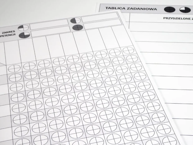 Tablica suchościeralna lean macierz kompetencji 078 - Wzór graficzny. Grafika zawiera siatkę z okręgami oraz pola
