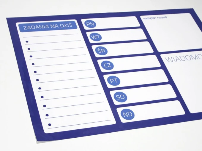 Tablica suchościeralna planer 242 - Wzór graficzny. Prosta kompozycja z liniami i okręgami w kolorze niebieskim na białym