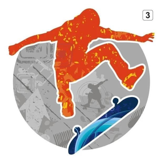 Wielokolorowa naklejka skater w energetycznym stylu, idealna do nowoczesnego pokoju młodzieżowego.