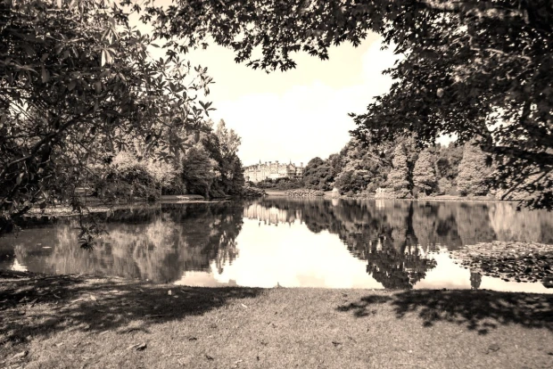 Fototapeta na ścianę z nadrukiem parku z jeziorem i pałacem, przedstawiona w sepii jako wizualizacja wzoru