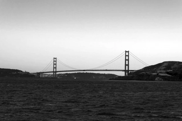 Fototapeta na ścianę z czarno-białym nadrukiem mostu Golden Gate w oddali, ukazująca wzór na białym tle