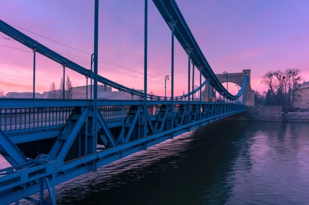 Fototapeta na ścianę Most Grunwaldzki FP 4227 - Wzór graficzny. Most w niebieskiej tonacji na tle różowego nieba