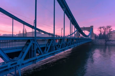 Fototapeta na ścianę Most Grunwaldzki FP 4227 - Wzór graficzny. Most w niebieskiej tonacji na tle różowego nieba
