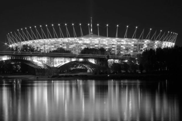 Fototapeta na ścianę stadion narodowy FP 5517 - Wzór graficzny. Obiekt sportowy z oświetleniem, odbicie w wodzie