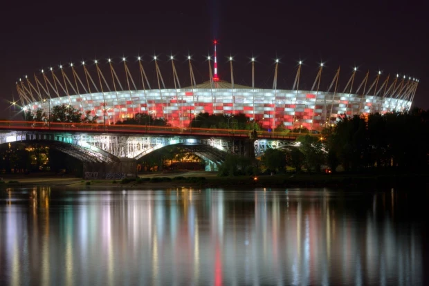 Fototapeta na ścianę stadion narodowy FP 5517 - Wzór graficzny. Obraz przedstawia stadion z oświetleniem w kolorach