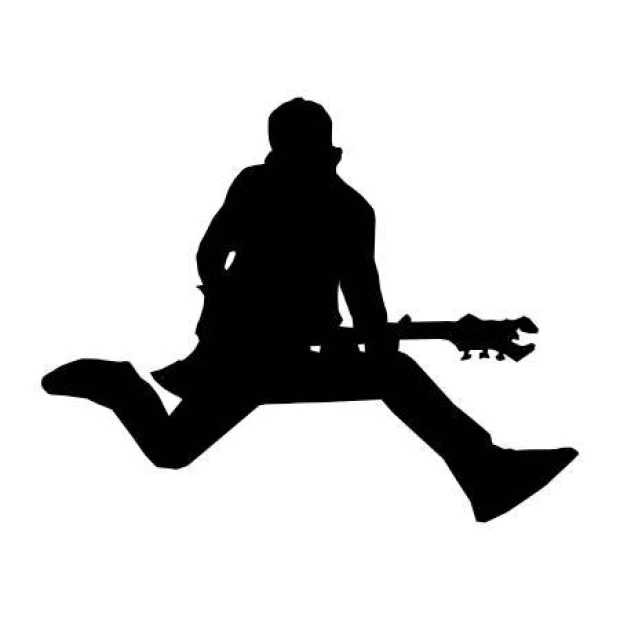 Szablon malarski muzyk rockowy 2254 - Wzór graficzny. Postać skaczącego muzyka z gitarą, przedstawiona w formie czarnej