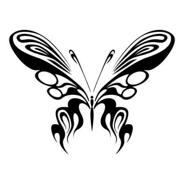 Szablon do malowania motyl 2346 - Wzór graficzny. Motyl z symetrycznymi skrzydłami, z falistymi liniami i okrągłymi