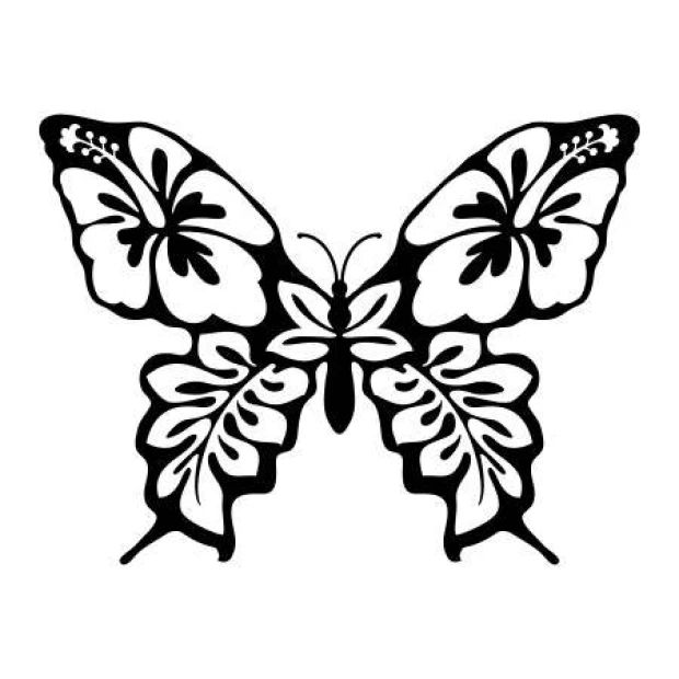 Szablon na ścianę motyl 2347 - Wzór graficzny. Motyl z dużymi skrzydłami i liśćmi, z detalami kwiatów