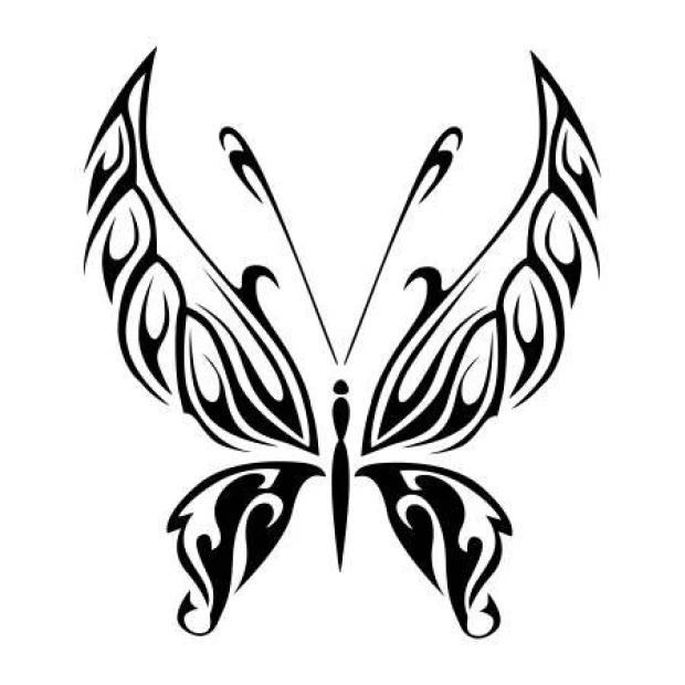 Szablon na ścianę motyl 2356 - Wzór graficzny. Motyl o symetrycznych skrzydłach z falistymi liniami i detalami