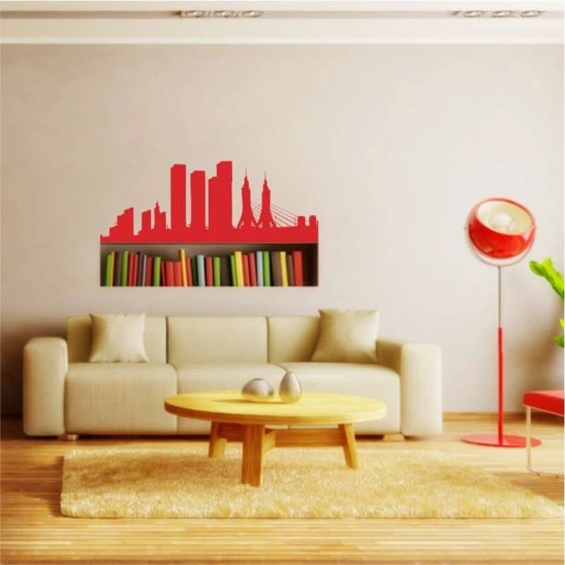 Szablon na ścianę panorama miasta 2295 - Aranżacja w salonie. Ściany w jasnym kolorze, meble w minimalistycznym stylu