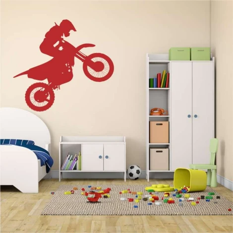 Motocyklista motocross szablon do malowania 2315 - Aranżacja w pokoju dziecięcym. Jasne ściany, meble w odcieniach bieli