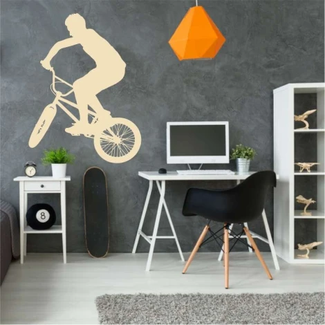 Szablon do malowania rower BMX 2321 - Aranżacja w pokoju młodzieżowym. Szare ściany, białe meble i pomarańczowy lampion