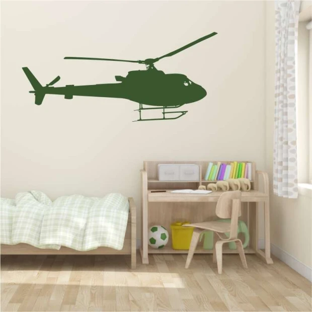 Szablon na ścianę helikopter 2302 - Aranżacja w pokoju dziecięcym. Ściany w jasnym kolorze, meble w naturalnym odcieniu