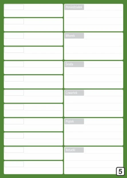 Planer spotkań suchościeralny z kalendarzem tygodniowym 265 - Wzór graficzny. Zielone tło z białymi prostokątami na dni