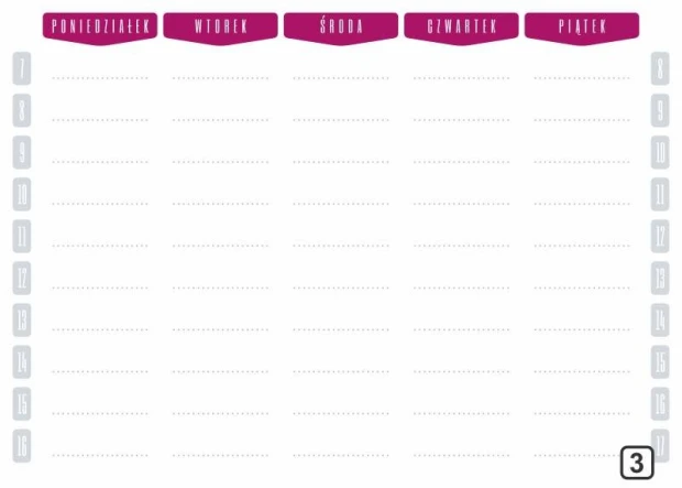 Planer suchościeralny tygodniowy z godzinami 264 - Wzór graficzny. Prosty układ z dniami tygodnia i godzinami, puste linie