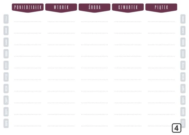 Planer suchościeralny tygodniowy z godzinami 264 - Wzór graficzny. Prosta siatka z dniami tygodnia i godzinami, w kolorze