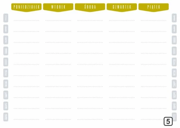 Planer suchościeralny tygodniowy z godzinami 264 - Wzór graficzny. Prosta siatka z dniami tygodnia i godzinami, w kolorze