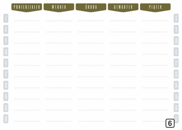 Planer suchościeralny tygodniowy z godzinami 264 - Wzór graficzny. Prosta siatka z dniami tygodnia i godzinami, w odcieniach