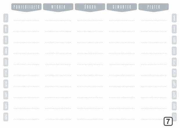 Planer suchościeralny tygodniowy z godzinami 264 - Wzór graficzny. Prosta siatka z dniami tygodnia i godzinami, z miejscem