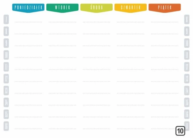 Planer suchościeralny tygodniowy z godzinami 264 - Wzór graficzny. Prosta siatka z dniami tygodnia i godzinami, kolorowe