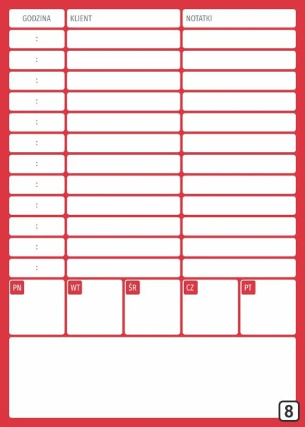 Tablica magnetyczna planer spotkań z klientami suchościeralny 266 - Wzór graficzny. Czerwone tło z białymi prostokątami
