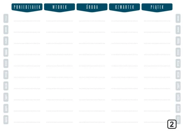 Tablica magnetyczna planer suchościeralny tygodniowy 264 - Wzór graficzny. Prosta siatka z dniami tygodnia i pustymi liniami