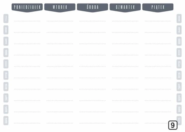 Tablica magnetyczna planer suchościeralny tygodniowy 264 - Wzór graficzny. Prosta siatka z dniami tygodnia i pustymi liniami