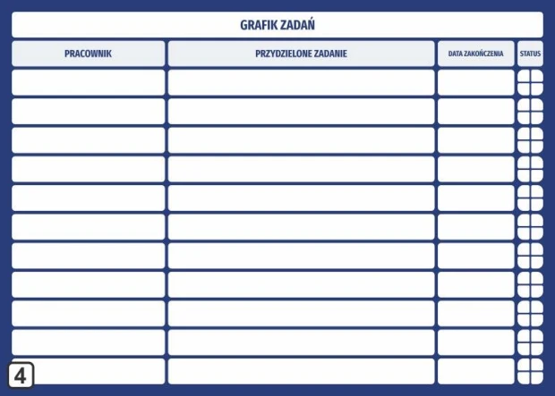 Grafik zadań tablica lean suchościeralna 107 - Wzór graficzny. Prosta tabela z kolumnami na pracownika, zadanie, datę