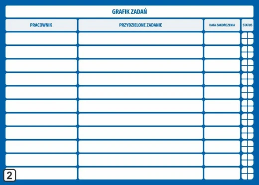 Wizualizacja tablicy magnetycznej z nadrukiem grafiku zadań lean w formie tabeli na białym tle