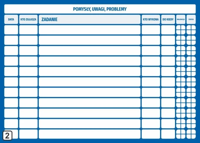 Tablica planowania suchościeralna lean 108 - Wzór graficzny. Prosty układ z prostokątnymi polami i nagłówkami