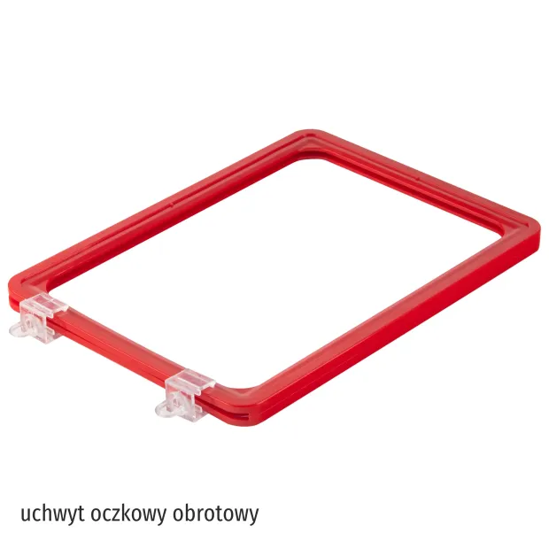 Tabliczka suchościeralna w czerwonej ramce z przezroczystym uchwytem oczkowym obrotowym na białym tle