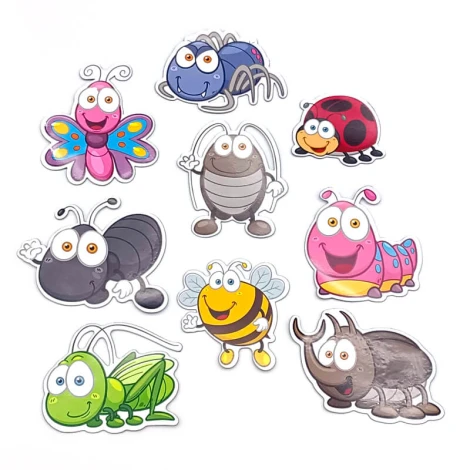 Magnesy owady - Wzór graficzny. Dziesięć kolorowych owadów o różnych kształtach, w tym motyl, pszczoła i biedronka