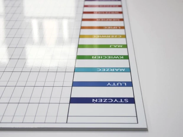 Magnetyczna tablica suchościeralna lean 040 planer roczny - Wzór graficzny. Prosta siatka z kolorowymi polami i etykietami